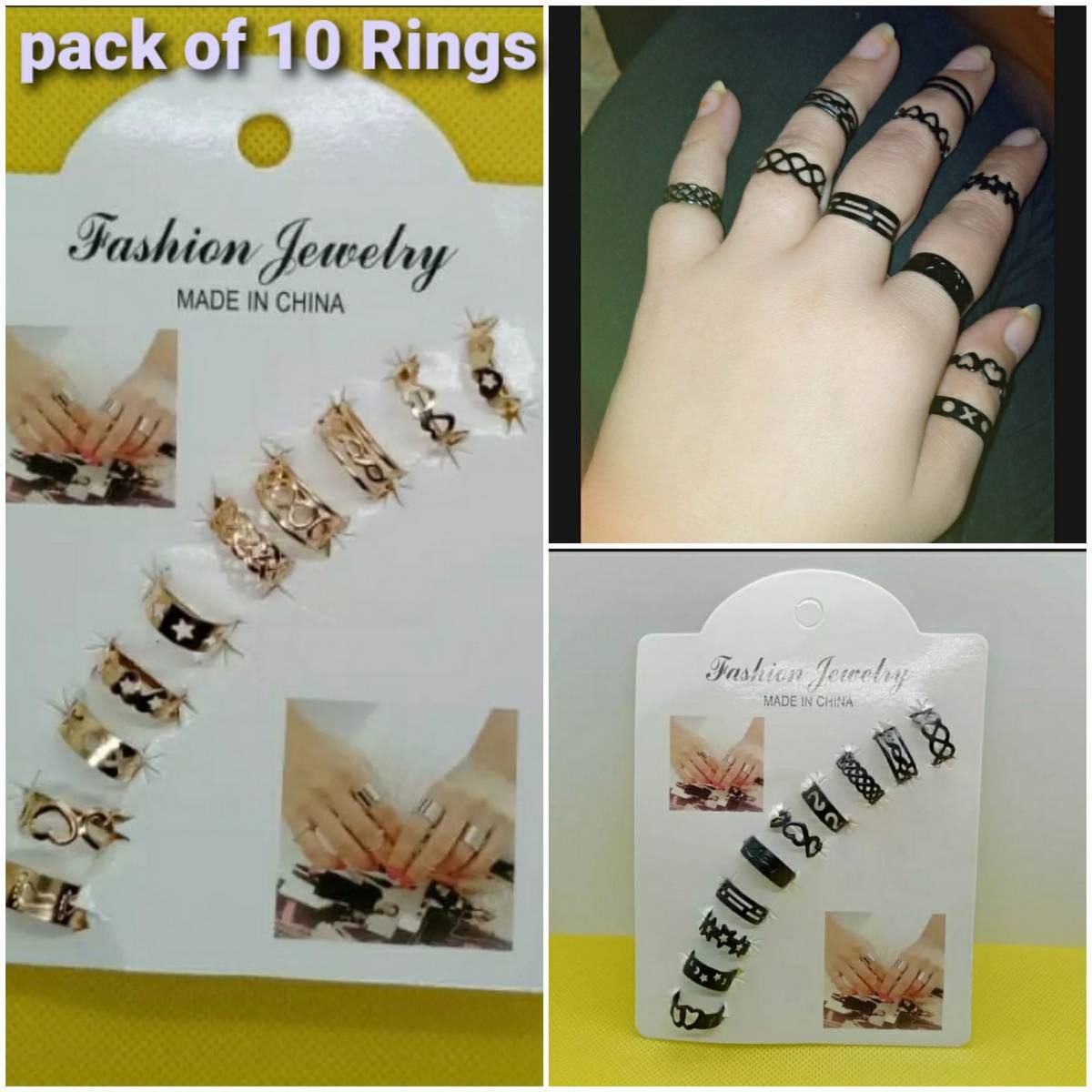 10 Pcs Adjustable Rings Set - Black, Golden & Silver Fashion Jewelry Click to buy