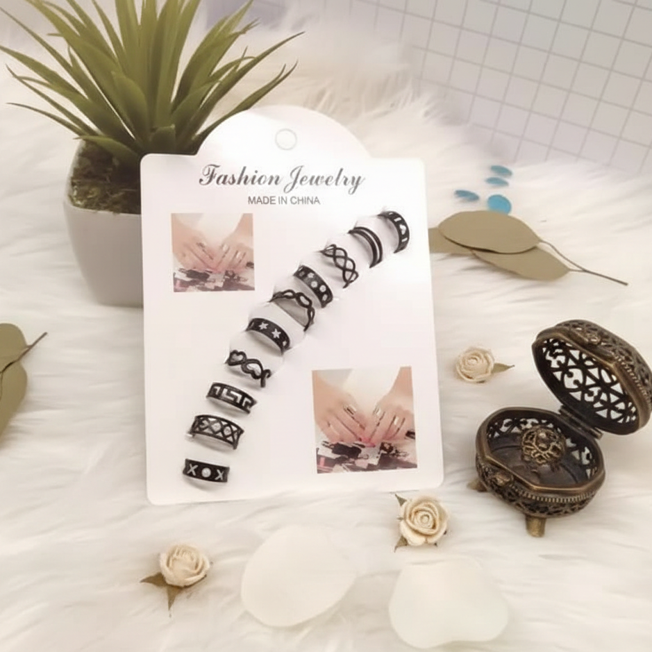 10 Pcs Adjustable Rings Set - Black, Golden & Silver Fashion Jewelry Click to buy