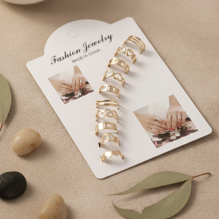 10 Pcs Adjustable Rings Set - Black, Golden & Silver Fashion Jewelry Click to buy