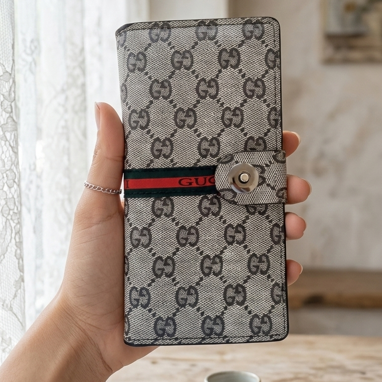 Gucci Style Long Wallet - Off White & Brown Designer Luxury Wallet Click to buy